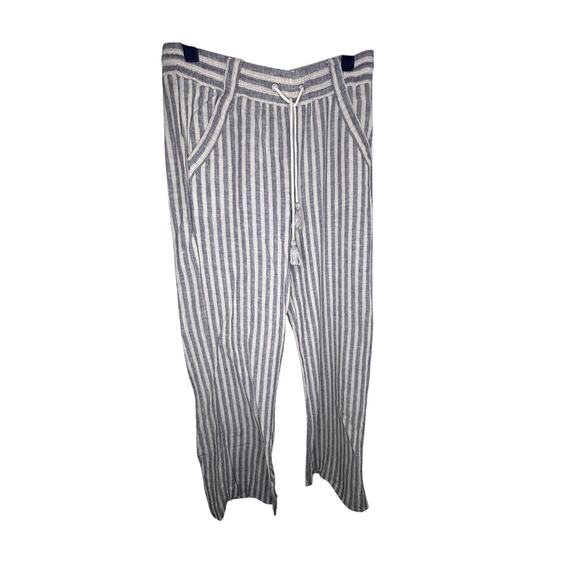LOLT Striped Linen Blend Pants W Sz M Blue & White Straight Pull On Drawstring - Picture 1 of 8